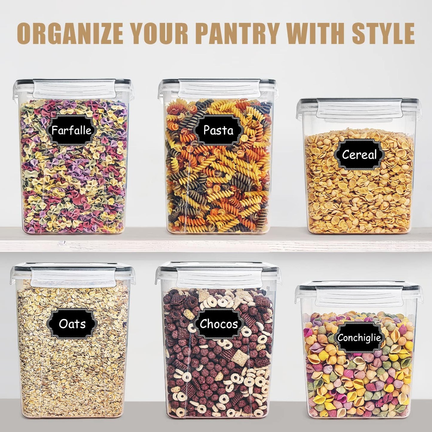 Large Food Storage Containers, Airtight Cereal & Dry Food Storage Containers for Sugar, Flour, Snack, Baking Supplies, Leak-Proof with Black Locking Lids - Set of 4 (5.2L /175Oz)