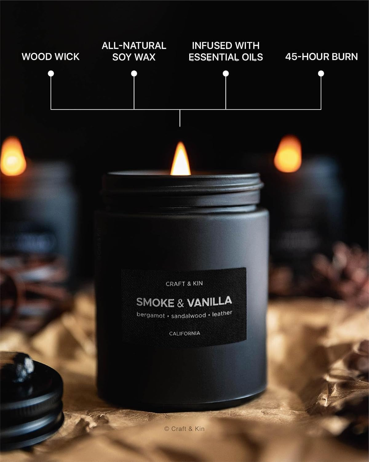 Premium Smoke & Vanilla Candle | Christmas Scented Candles for Men | Holiday Candles | Soy Candle | Fall Candles for Home Scented | Black Candles, Long Lasting Candles with 45 Hour Burn Time 7.6Oz