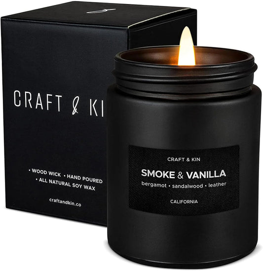 Premium Smoke & Vanilla Candle | Christmas Scented Candles for Men | Holiday Candles | Soy Candle | Fall Candles for Home Scented | Black Candles, Long Lasting Candles with 45 Hour Burn Time 7.6Oz