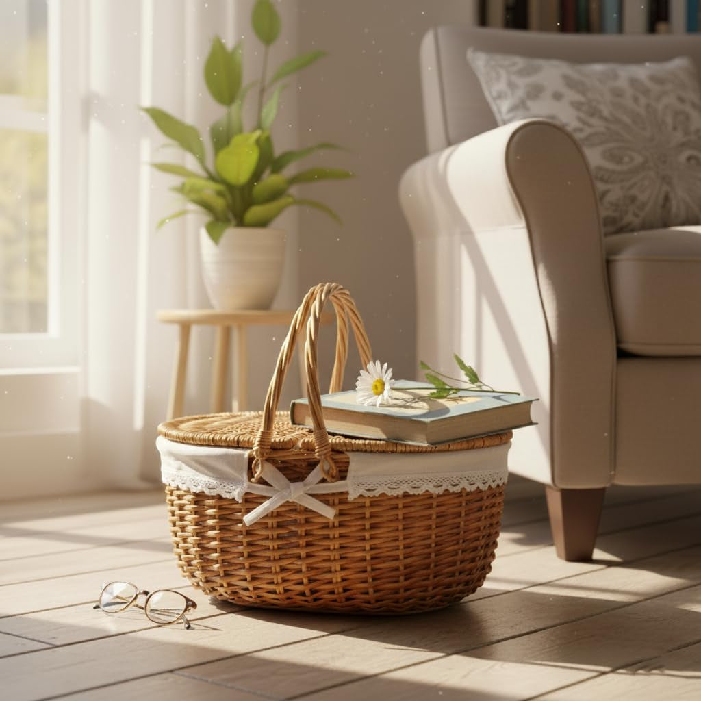Large Wicker Picnic Basket with Lid and Handle Sturdy Woven Body with Washable Lining